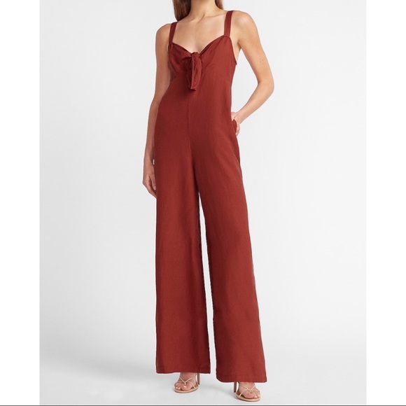 EXPRESS Linen-Blend Tie Front Culotte Jumpsuit